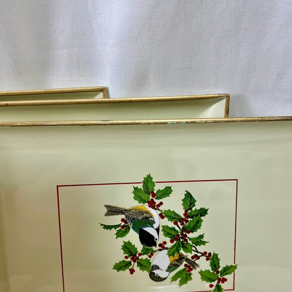 Gibson Greetings Chickadees & Holly Otagiri Lacquerware Snack Tray Set of 8 VTG - Picture 5 of 11